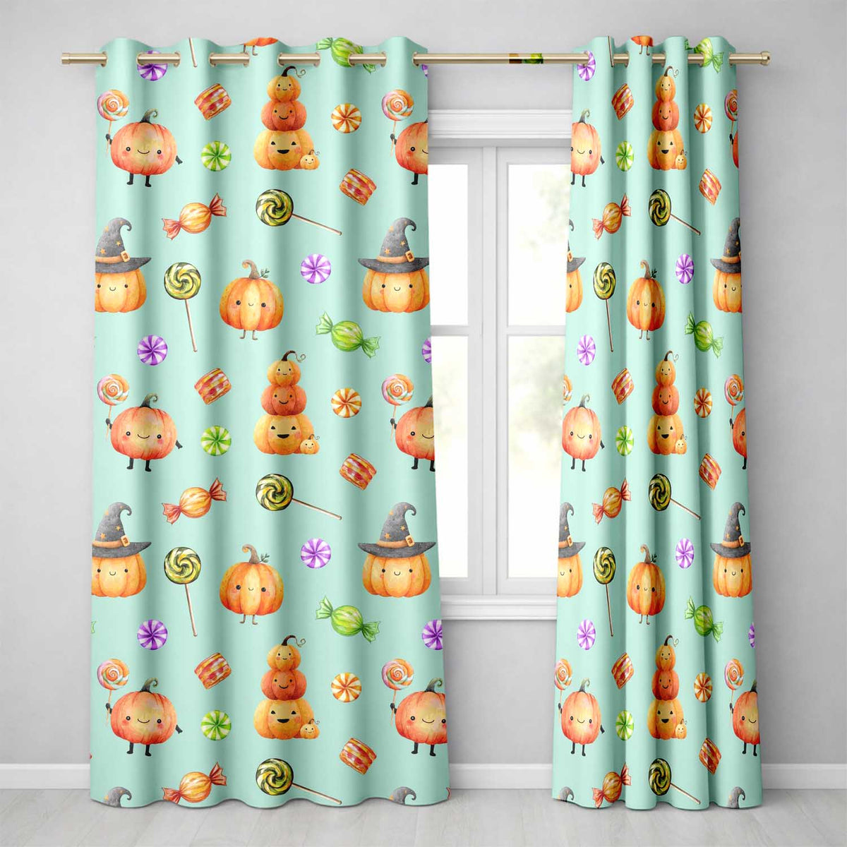 Cute Watercolor Pumpkins and Candy Sweets on Teal Green Background Readymade Eyelet Ring Top Thermal 100% Blackout Curtains
