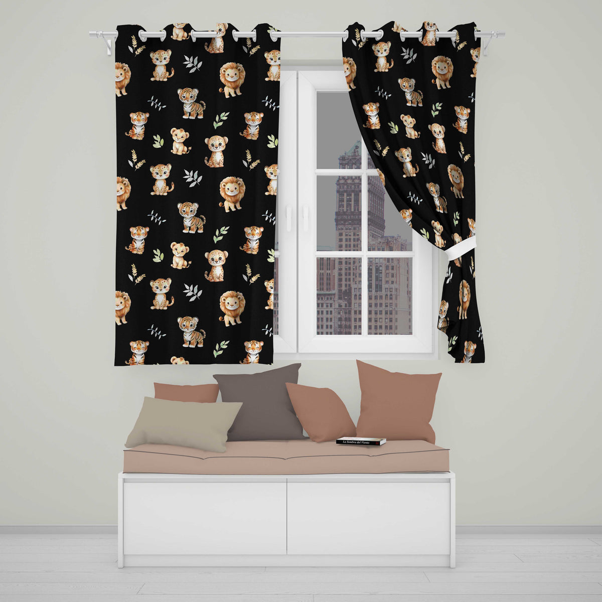 Adorable Baby Jungle Animals with Leaves on Black Background Seamless Pattern Readymade Eyelet Ring Top Thermal 100% Blackout Curtains