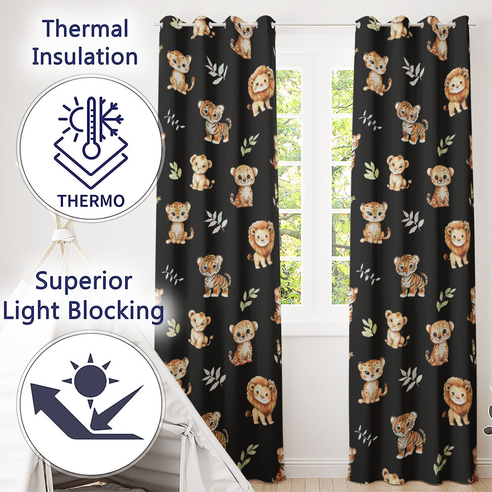 Adorable Baby Jungle Animals with Leaves on Black Background Seamless Pattern Readymade Eyelet Ring Top Thermal 100% Blackout Curtains