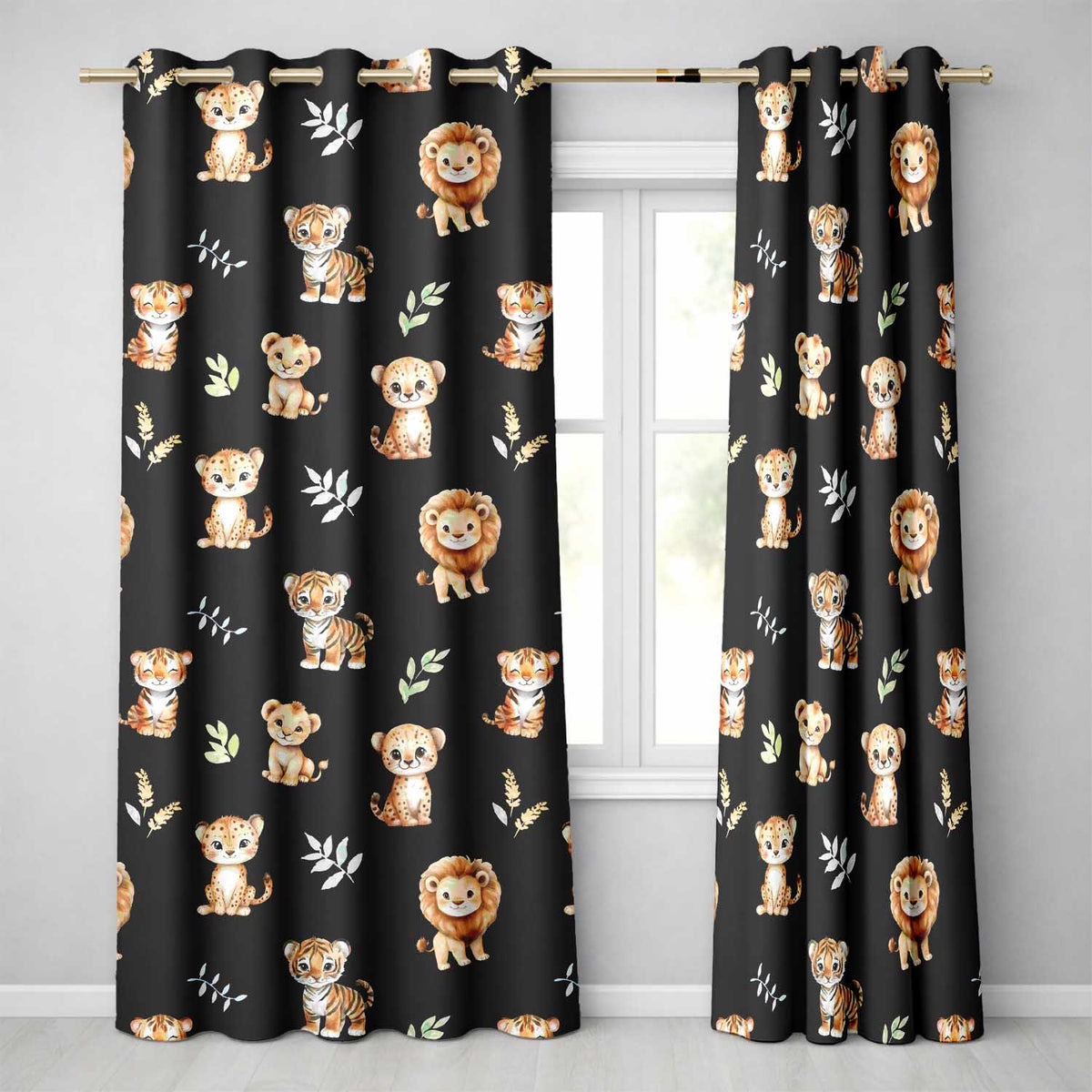 Adorable Baby Jungle Animals with Leaves on Black Background Seamless Pattern Readymade Eyelet Ring Top Thermal 100% Blackout Curtains