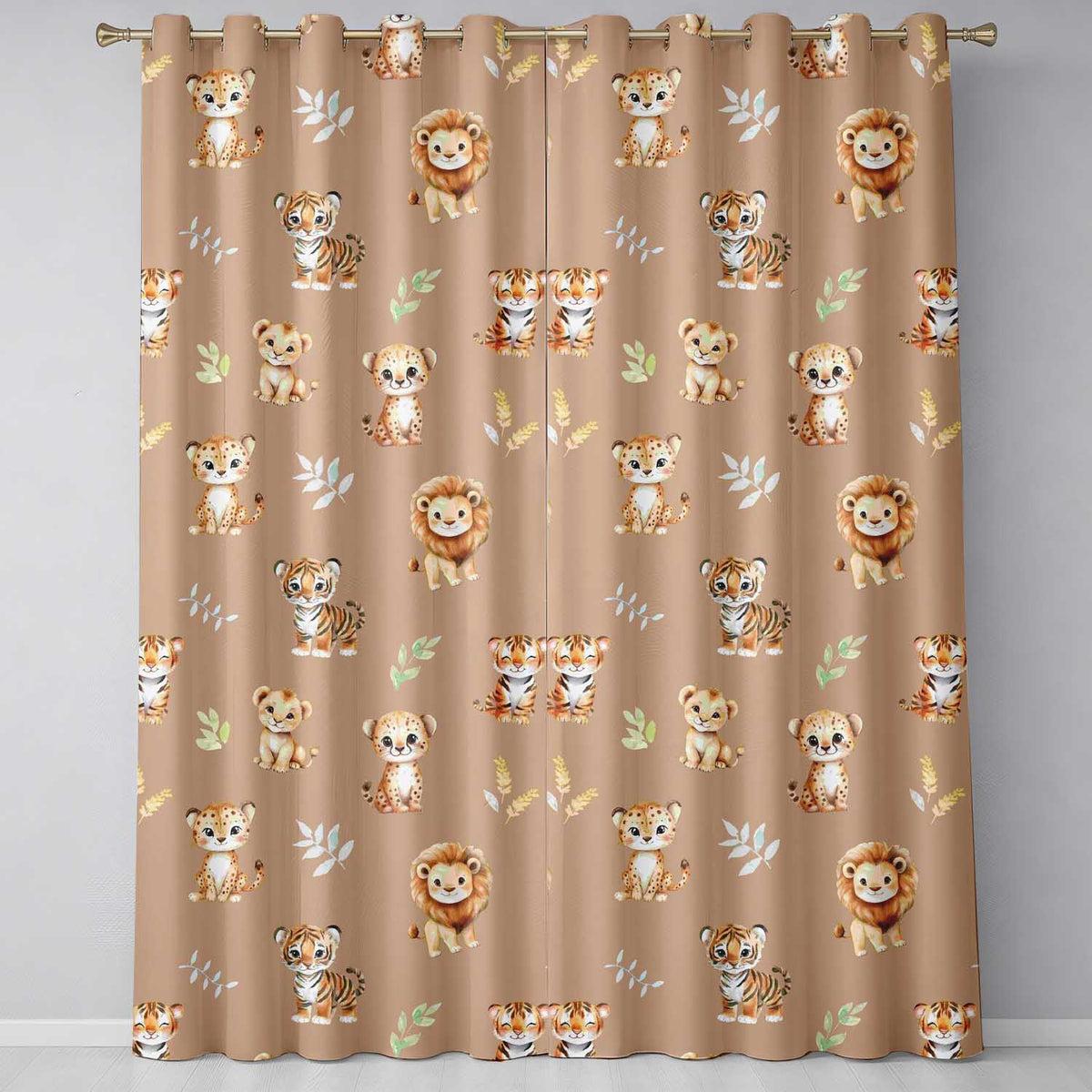 Cute Baby Jungle Animals with Leaves on Warm Tan Background Seamless Pattern Readymade Eyelet Ring Top Thermal 100% Blackout Curtains