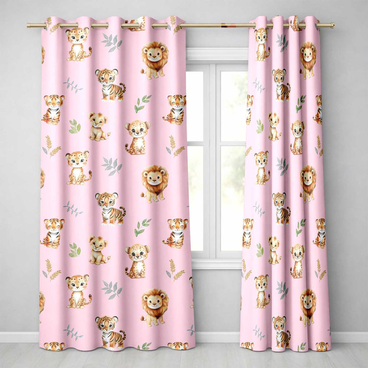 Cute Baby Jungle Animals with Leaves on Blush Pink Background Seamless Pattern Readymade Eyelet Ring Top Thermal 100% Blackout Curtains