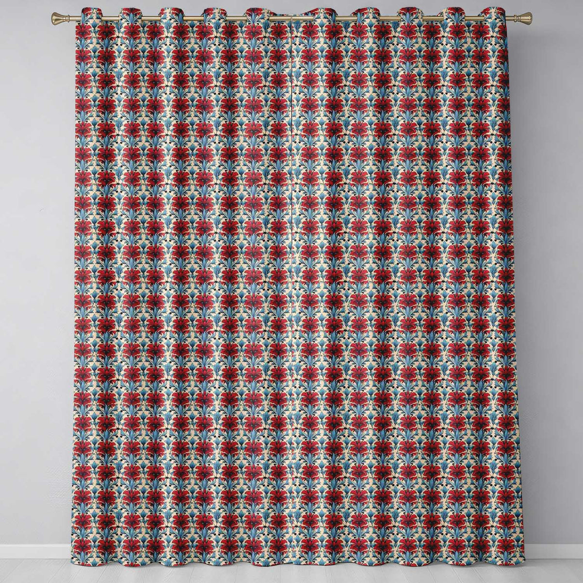Classic Red Blue Damask Ornamental Seamless Pattern Readymade Eyelet Ring Top Thermal 100% Blackout Curtains
