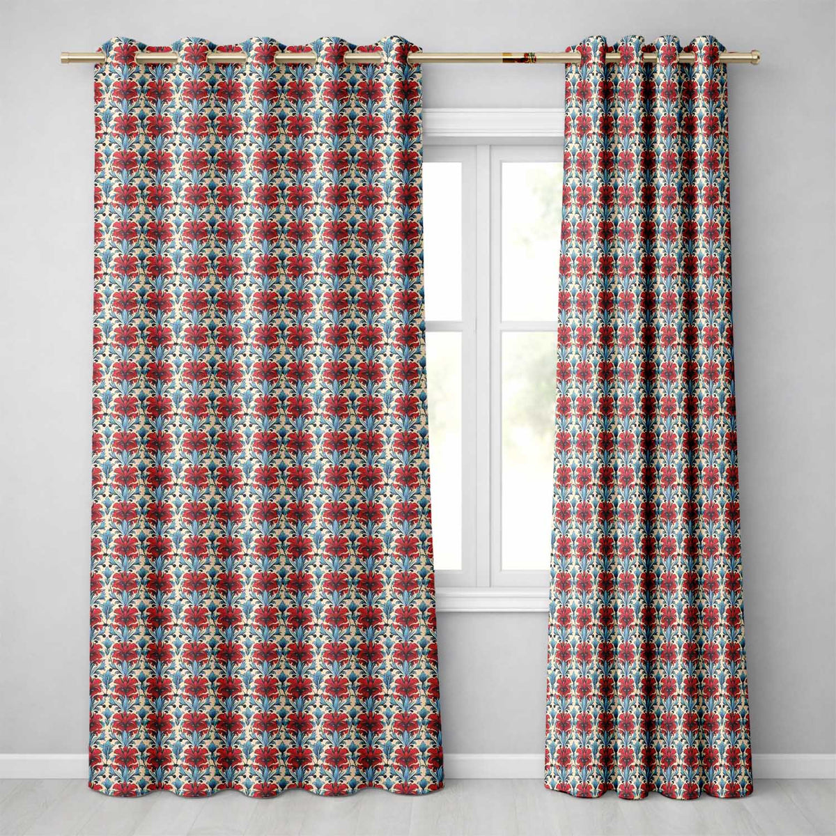 Classic Red Blue Damask Ornamental Seamless Pattern Readymade Eyelet Ring Top Thermal 100% Blackout Curtains