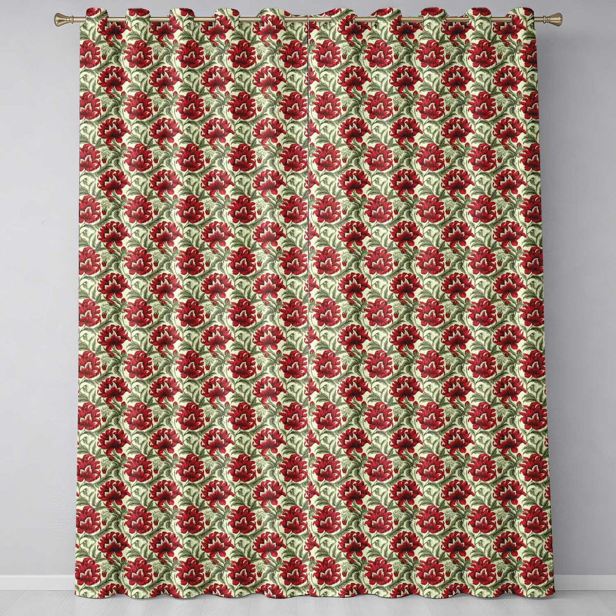 Detailed Red Peony Floral Vintage Seamless Pattern Readymade Eyelet Ring Top Thermal 100% Blackout Curtains