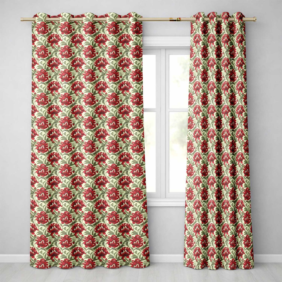 Detailed Red Peony Floral Vintage Seamless Pattern Readymade Eyelet Ring Top Thermal 100% Blackout Curtains