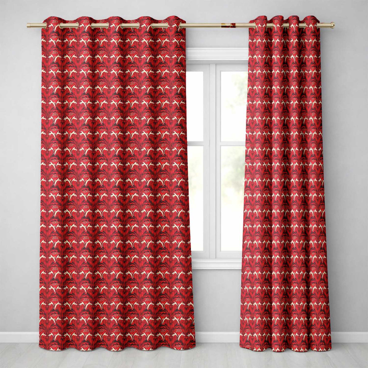 Bold Red Black Art Deco Damask Pattern Seamless Pattern Readymade Eyelet Ring Top Thermal 100% Blackout Curtains