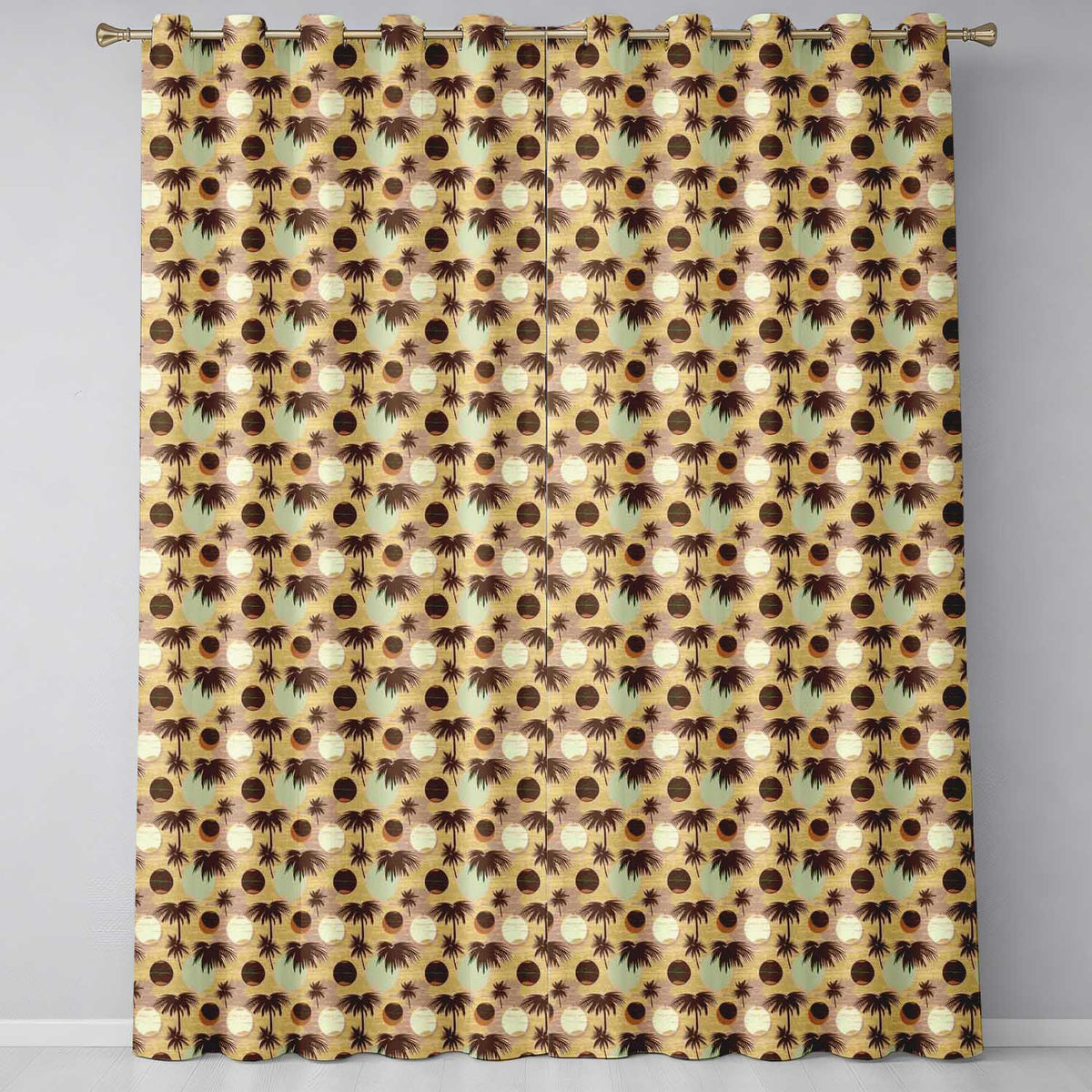Tropical Palm Trees and Abstract Sun Circles Neutral Beige Coastal Readymade Eyelet Ring Top Thermal 100% Blackout Curtains