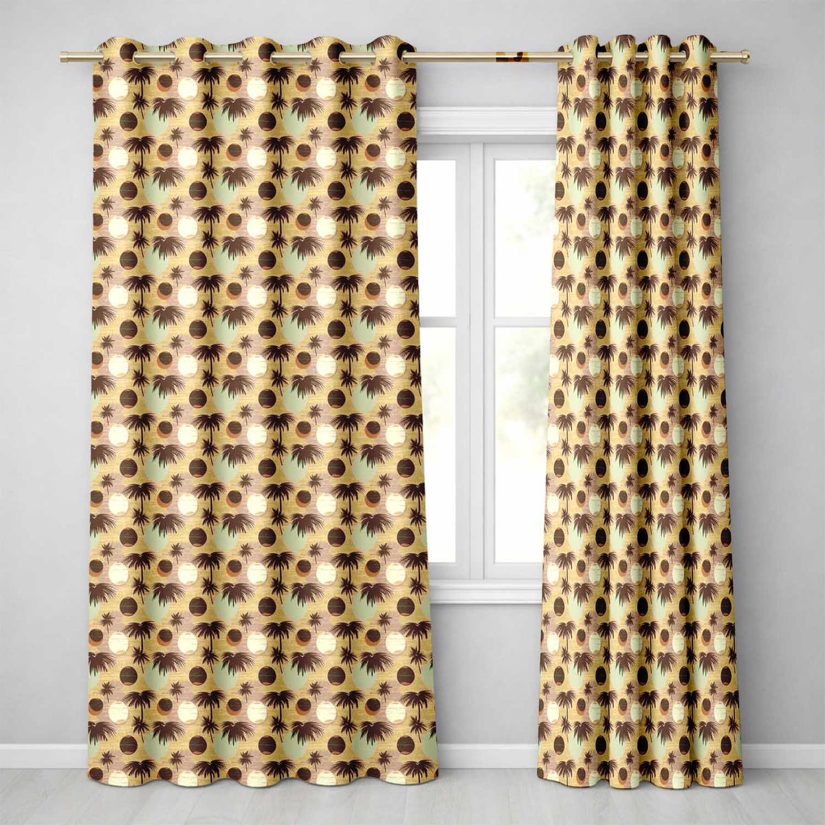 Tropical Palm Trees and Abstract Sun Circles Neutral Beige Coastal Readymade Eyelet Ring Top Thermal 100% Blackout Curtains