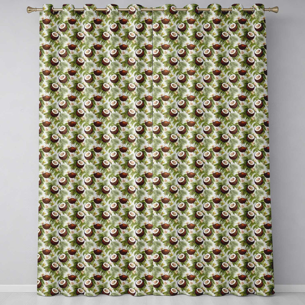 Fresh Coconut and Tropical Leaves with Flowers on Light Green Background Readymade Eyelet Ring Top Thermal 100% Blackout Curtains