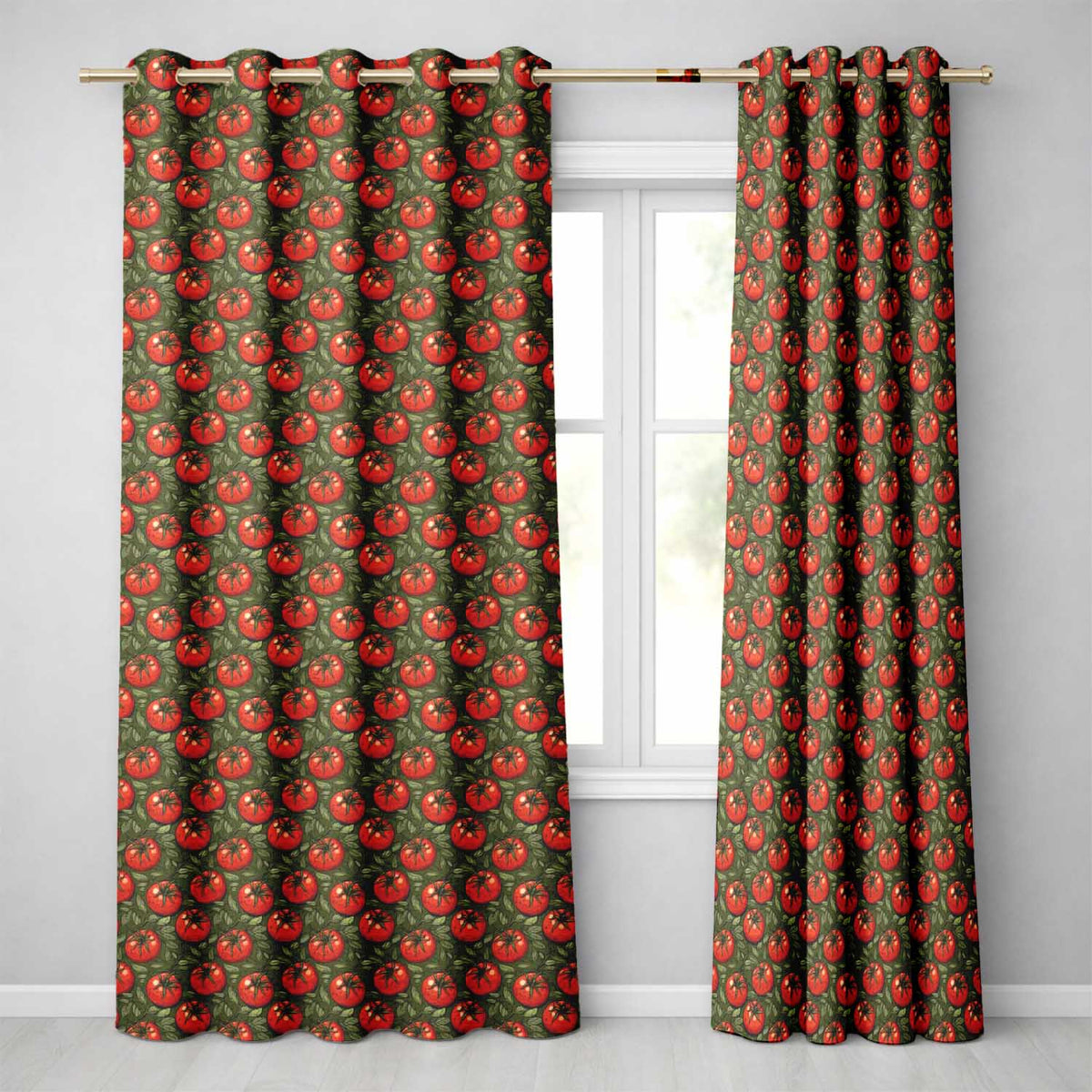 Realistic Red Tomatoes with Leaves on Dark Green Background Pattern Readymade Eyelet Ring Top Thermal 100% Blackout Curtains