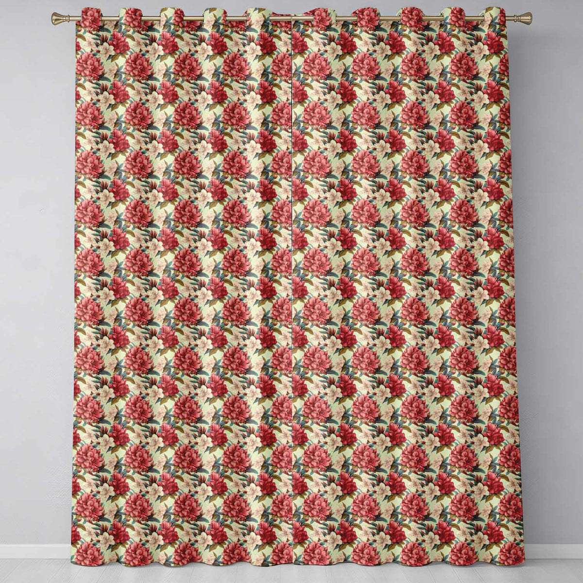 Red and Cream Botanical Flower Garden Seamless Pattern Readymade Eyelet Ring Top Thermal 100% Blackout Curtains