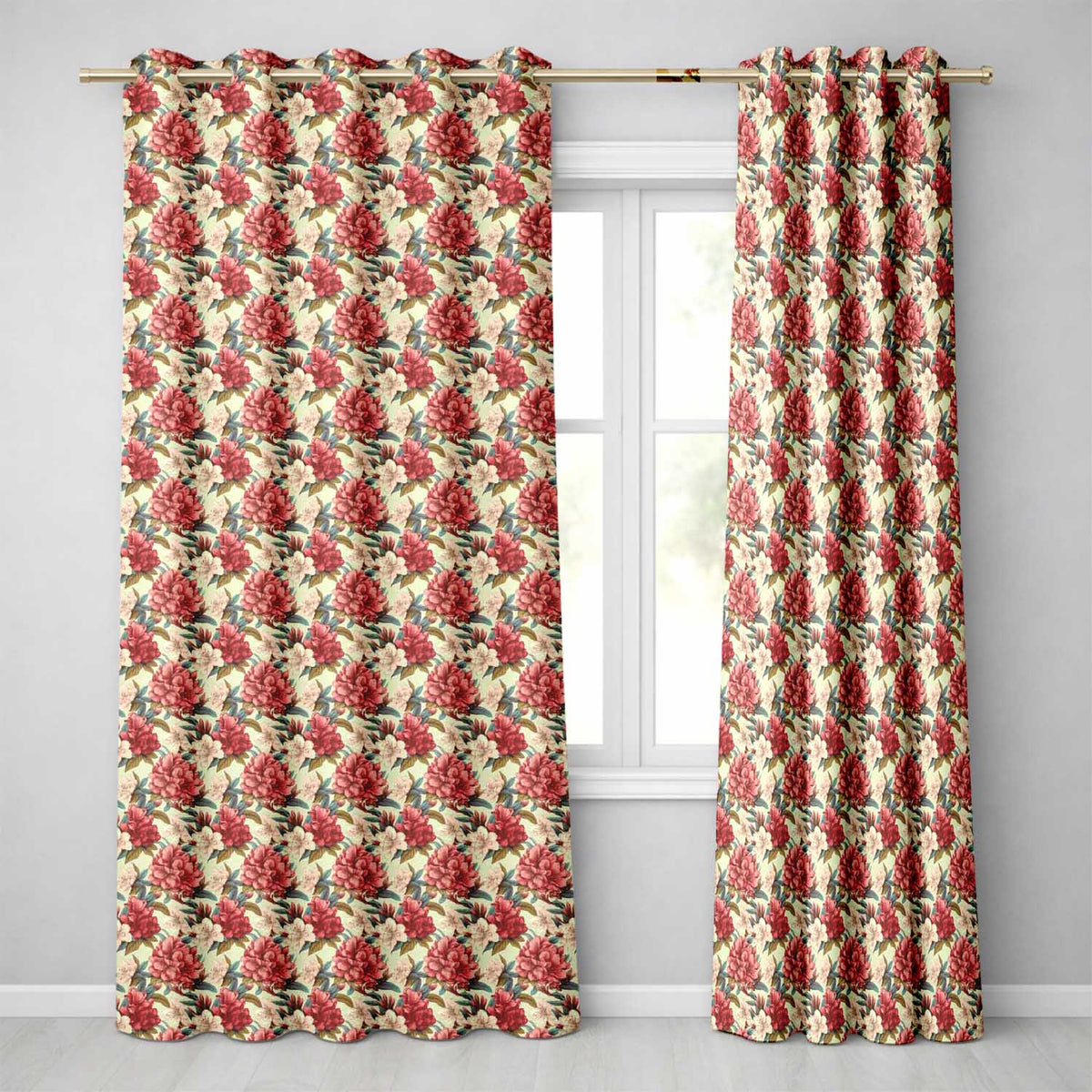 Red and Cream Botanical Flower Garden Seamless Pattern Readymade Eyelet Ring Top Thermal 100% Blackout Curtains