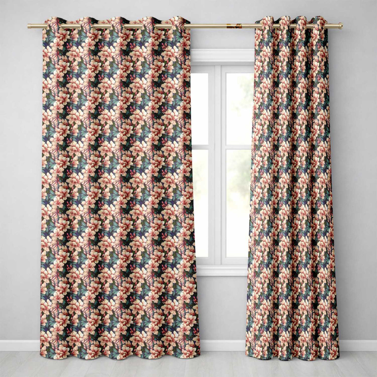 Elegant Pink Blossom Floral with Blue Leaves Seamless Pattern Readymade Eyelet Ring Top Thermal 100% Blackout Curtains