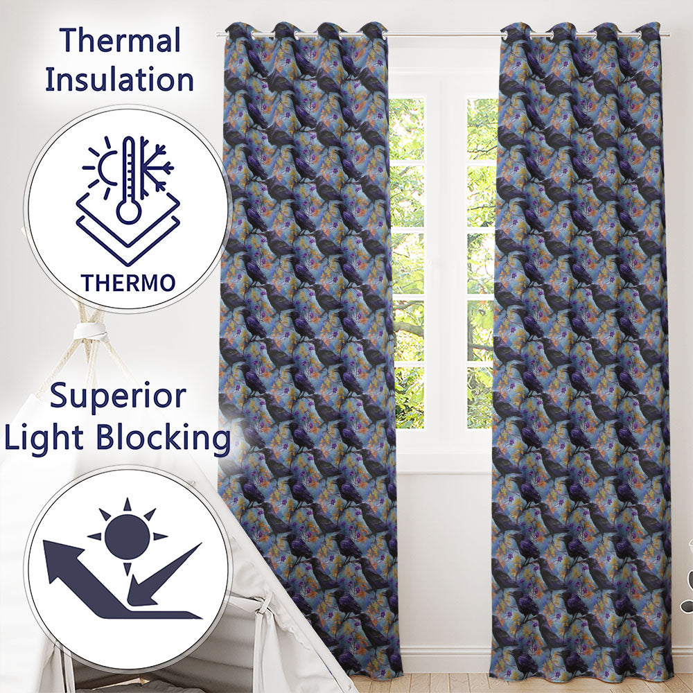 Purple Black Raven Bird with Autumn Leaves Seamless Pattern Readymade Eyelet Ring Top Thermal 100% Blackout Curtains