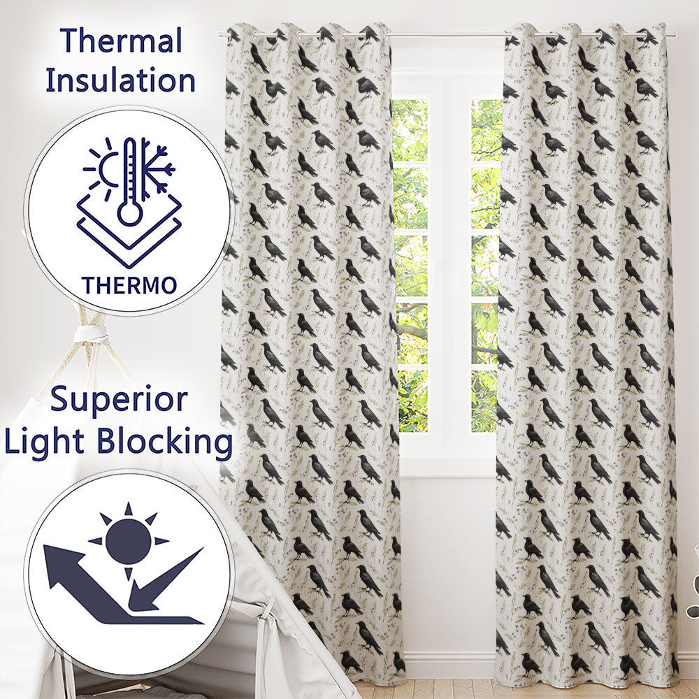 Black Crow Birds with Light Botanical Background Seamless Pattern Readymade Eyelet Ring Top Thermal 100% Blackout Curtains