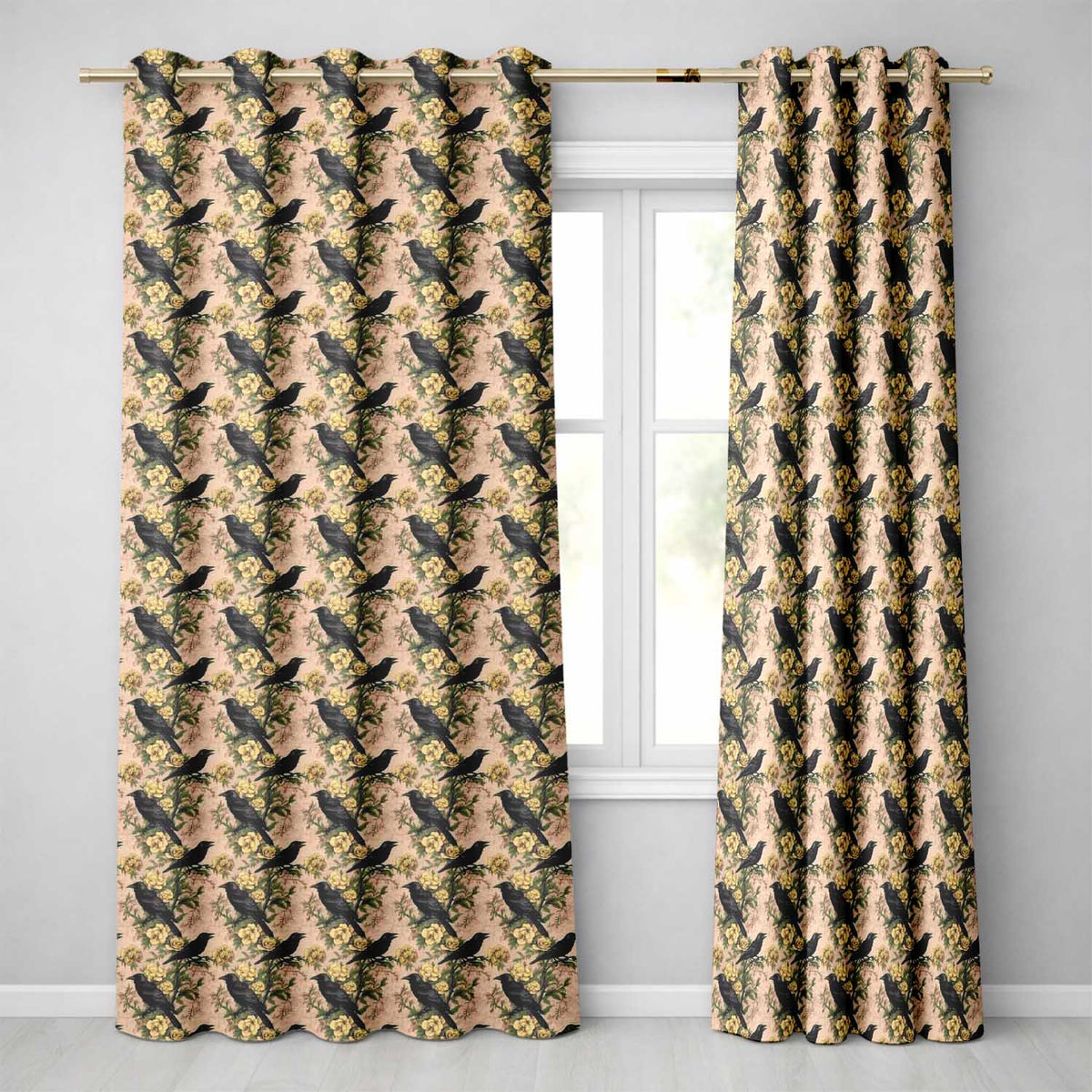 Black Crow with Yellow Roses Vintage Botanical Seamless Pattern Readymade Eyelet Ring Top Thermal 100% Blackout Curtains
