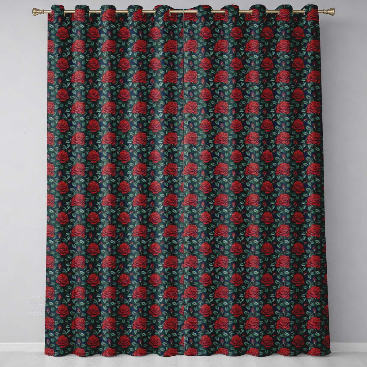 Elegant Red Rose Seamless Floral Pattern on Dark Teal Background Readymade Eyelet Ring Top Thermal 100% Blackout Curtains