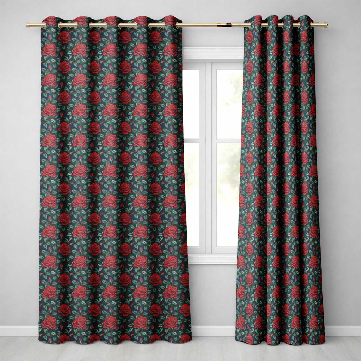 Elegant Red Rose Seamless Floral Pattern on Dark Teal Background Readymade Eyelet Ring Top Thermal 100% Blackout Curtains