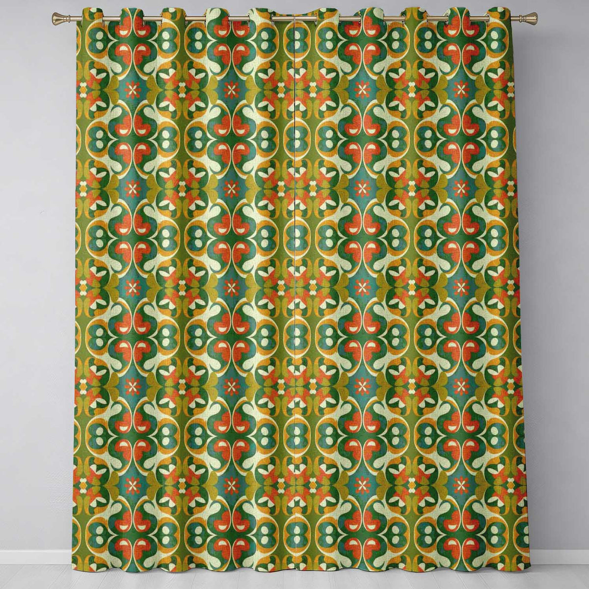 Mid Century Modern Geometric Floral Pattern in Teal and Orange Readymade Eyelet Ring Top Thermal 100% Blackout Curtains