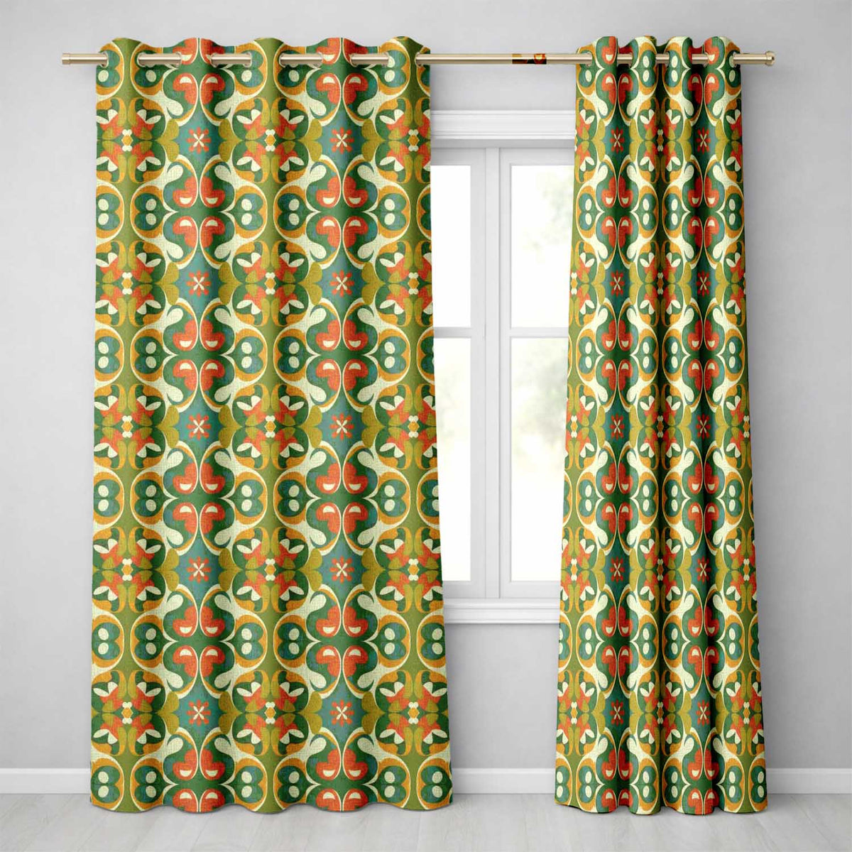 Mid Century Modern Geometric Floral Pattern in Teal and Orange Readymade Eyelet Ring Top Thermal 100% Blackout Curtains