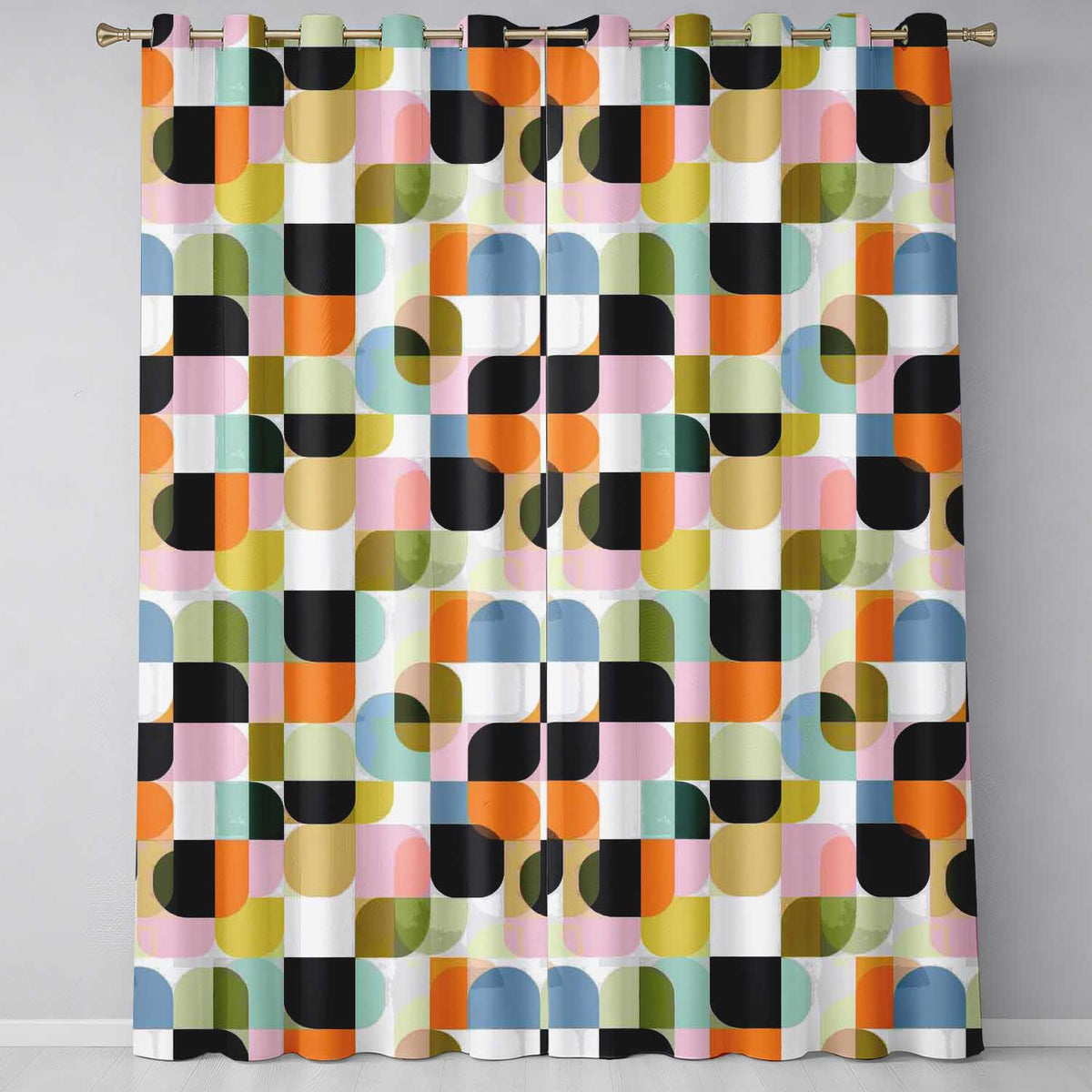 Bold Pink and Green Geometric Floral Pattern Seamless Design Readymade Eyelet Ring Top Thermal 100% Blackout Curtains