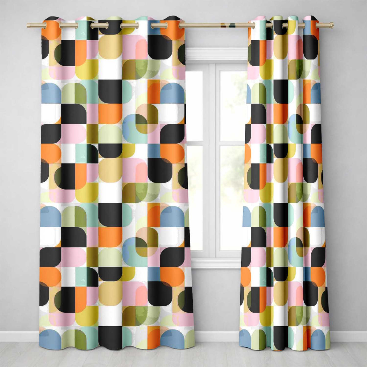 Bold Pink and Green Geometric Floral Pattern Seamless Design Readymade Eyelet Ring Top Thermal 100% Blackout Curtains