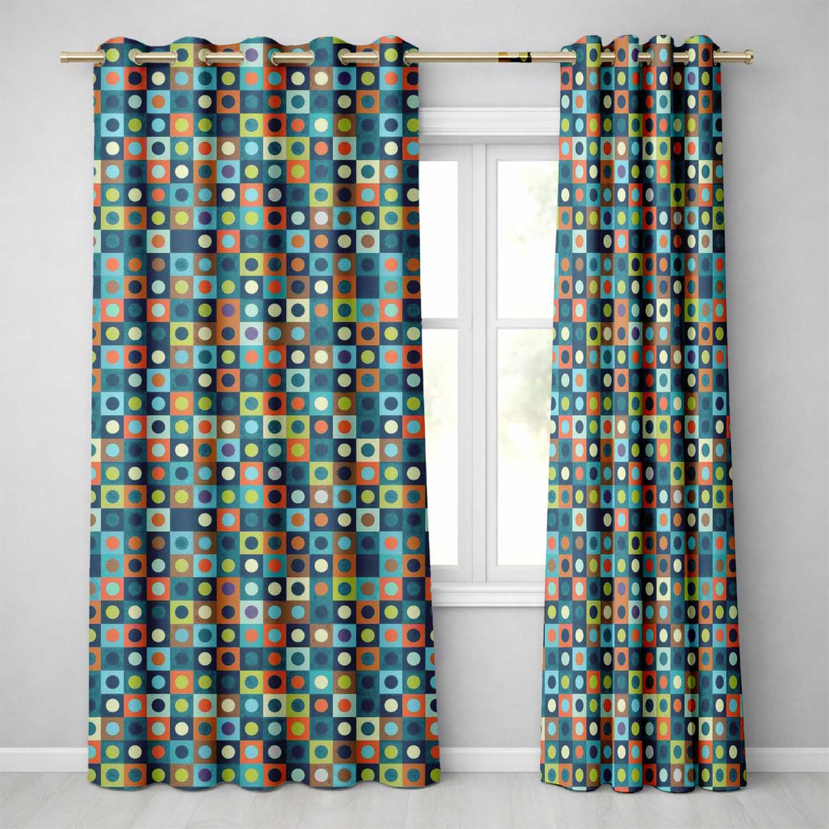 Multicolor Dot Grid Bold Seamless Pattern Readymade Eyelet Ring Top Thermal 100% Blackout Curtains