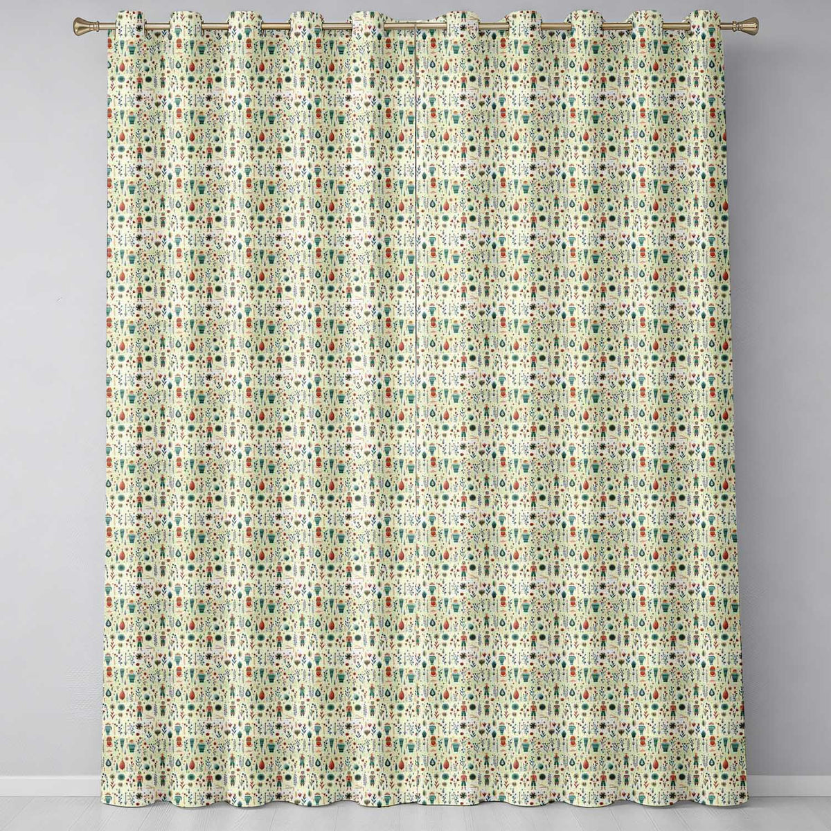 Scandinavian Folk Art Floral and Character Seamless Pattern Nordic Style Readymade Eyelet Ring Top Thermal 100% Blackout Curtains
