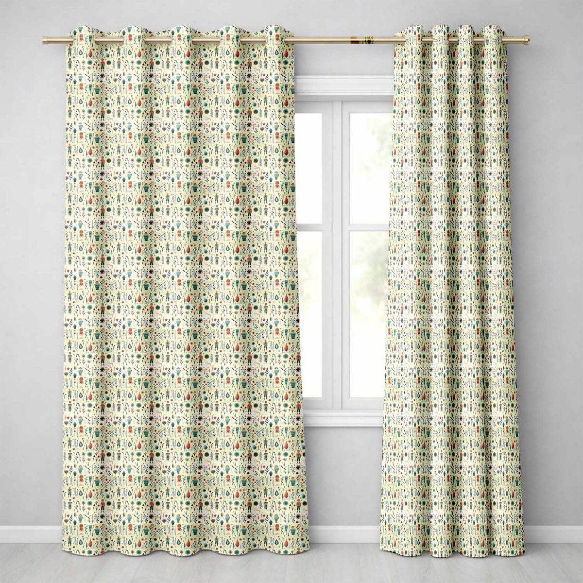 Scandinavian Folk Art Floral and Character Seamless Pattern Nordic Style Readymade Eyelet Ring Top Thermal 100% Blackout Curtains