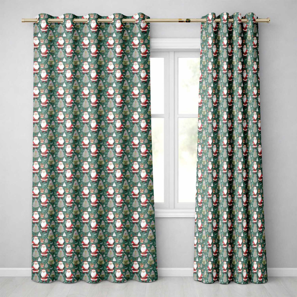 Cute Santa Trees Gifts Snowflakes Teal Christmas Whimsical Festive Readymade Eyelet Ring Top Thermal 100% Blackout Curtains