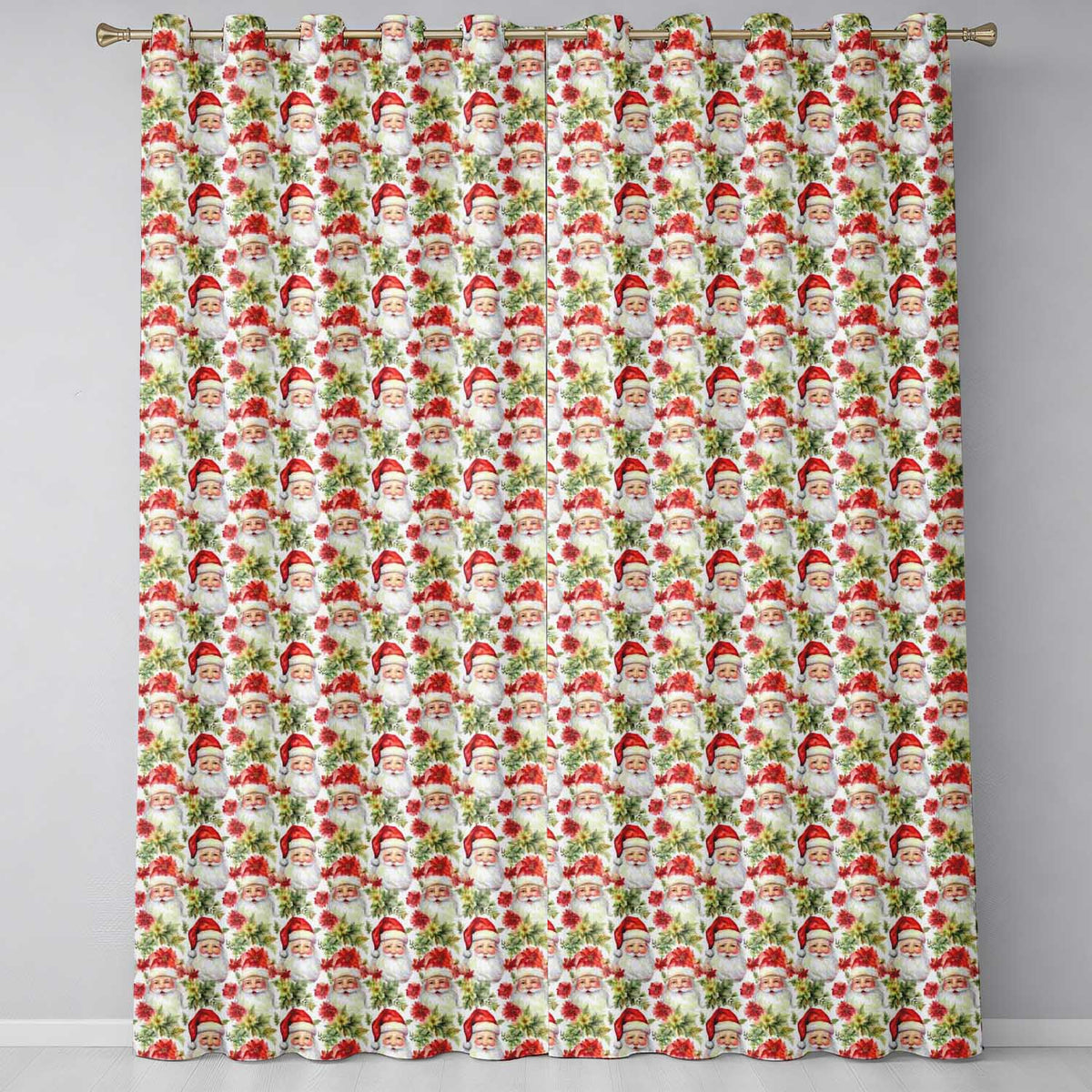 Watercolor Santa Faces Poinsettia Flowers Christmas Soft Festive Readymade Eyelet Ring Top Thermal 100% Blackout Curtains