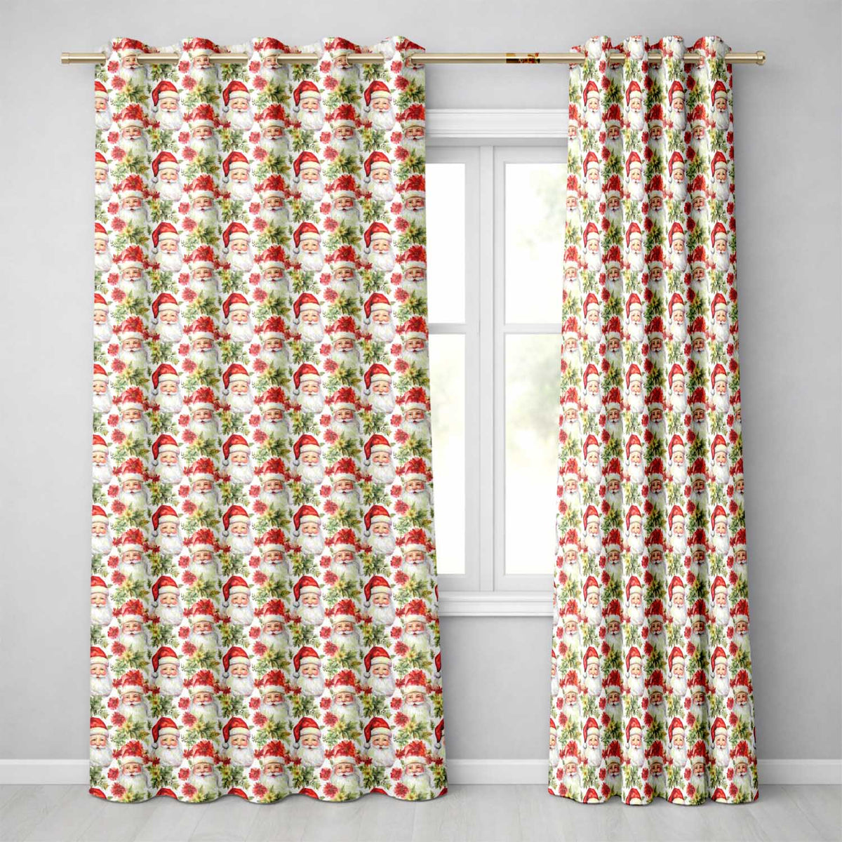 Watercolor Santa Faces Poinsettia Flowers Christmas Soft Festive Readymade Eyelet Ring Top Thermal 100% Blackout Curtains