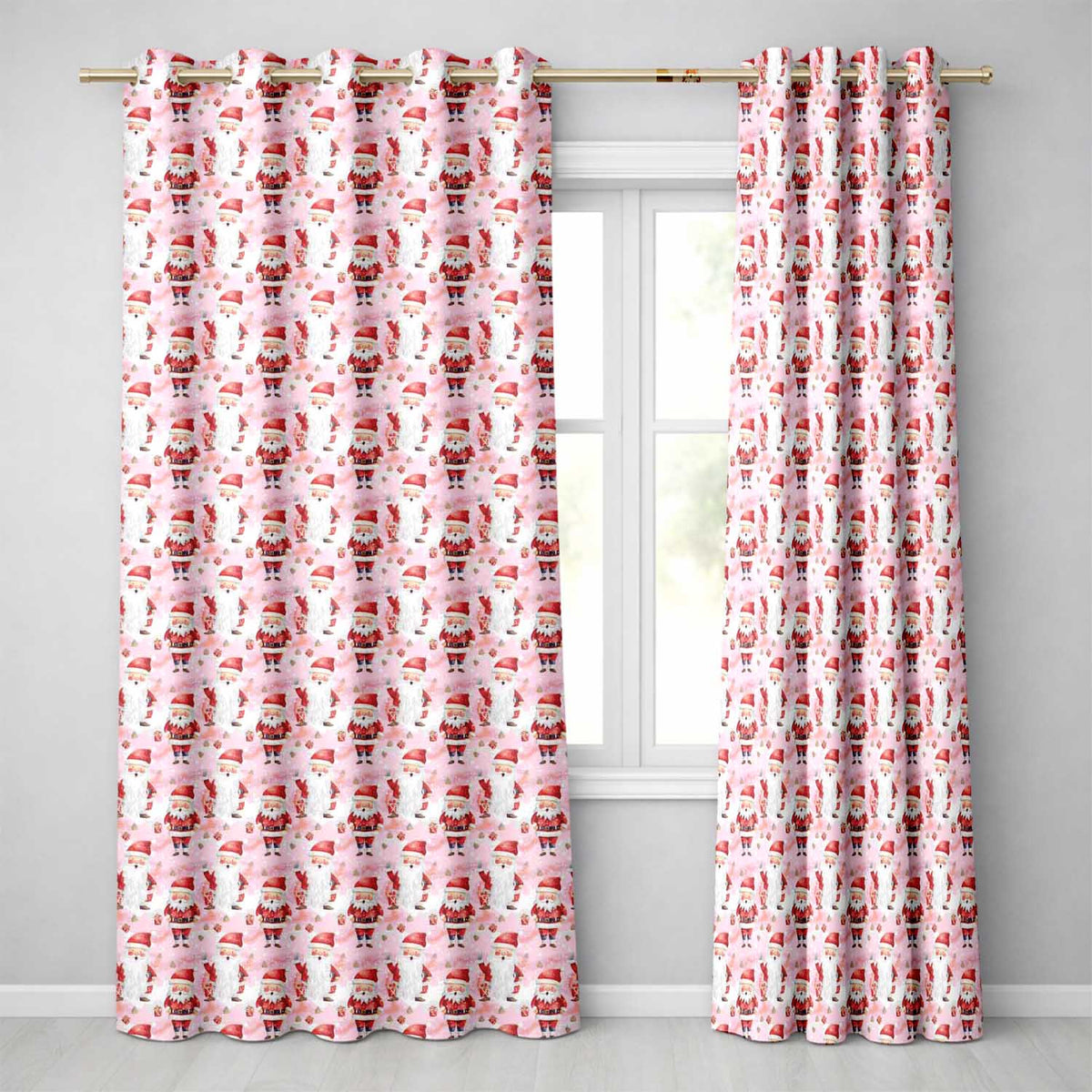 Cute Cartoon Santa Pink Snow Gift Pattern Whimsical Christmas Seamless Festive Readymade Eyelet Ring Top Thermal 100% Blackout Curtains