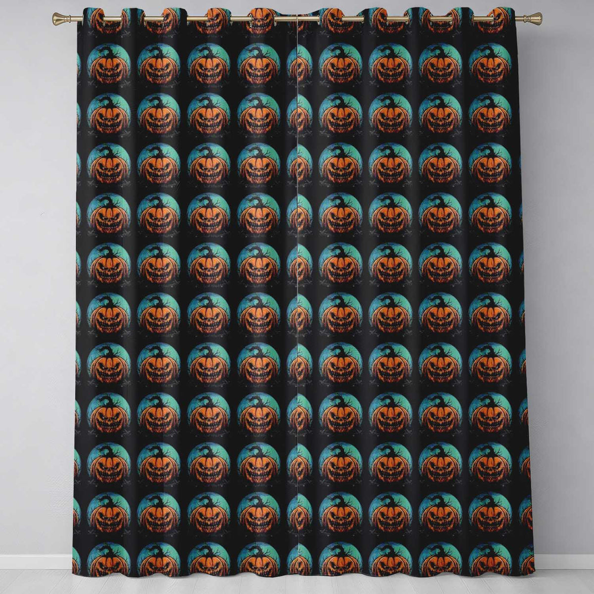 Spooky Halloween Pumpkin Moon Dark Seamless Gothic Jack O Lantern Design Readymade Eyelet Ring Top Thermal 100% Blackout Curtains