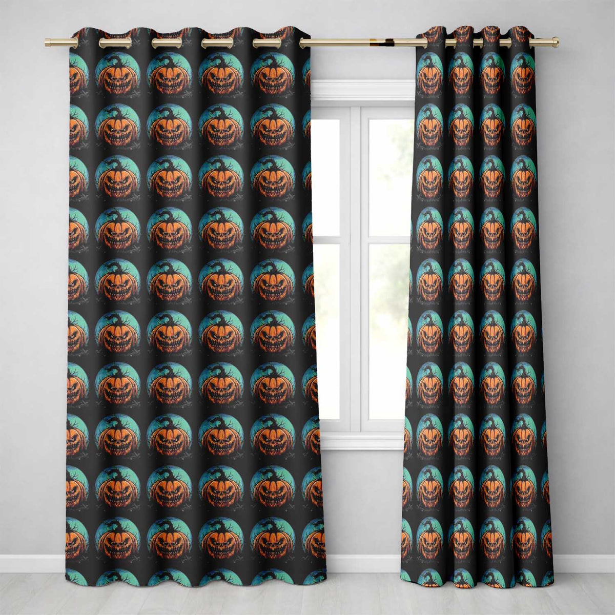 Spooky Halloween Pumpkin Moon Dark Seamless Gothic Jack O Lantern Design Readymade Eyelet Ring Top Thermal 100% Blackout Curtains