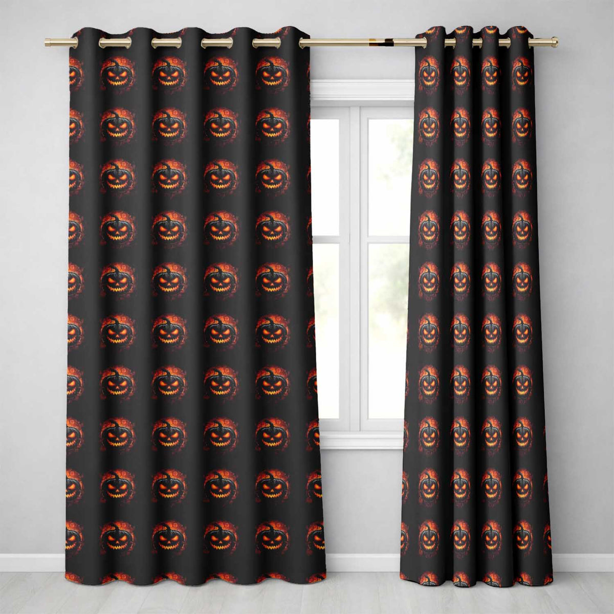Glowing Halloween Pumpkin Fire Eyes Dark Seamless Pattern Creepy Autumn Design Readymade Eyelet Ring Top Thermal 100% Blackout Curtains