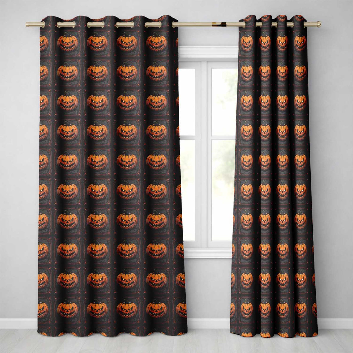 Ornate Framed Pumpkin Gothic Dark Halloween Seamless Pattern Readymade Eyelet Ring Top Thermal 100% Blackout Curtains