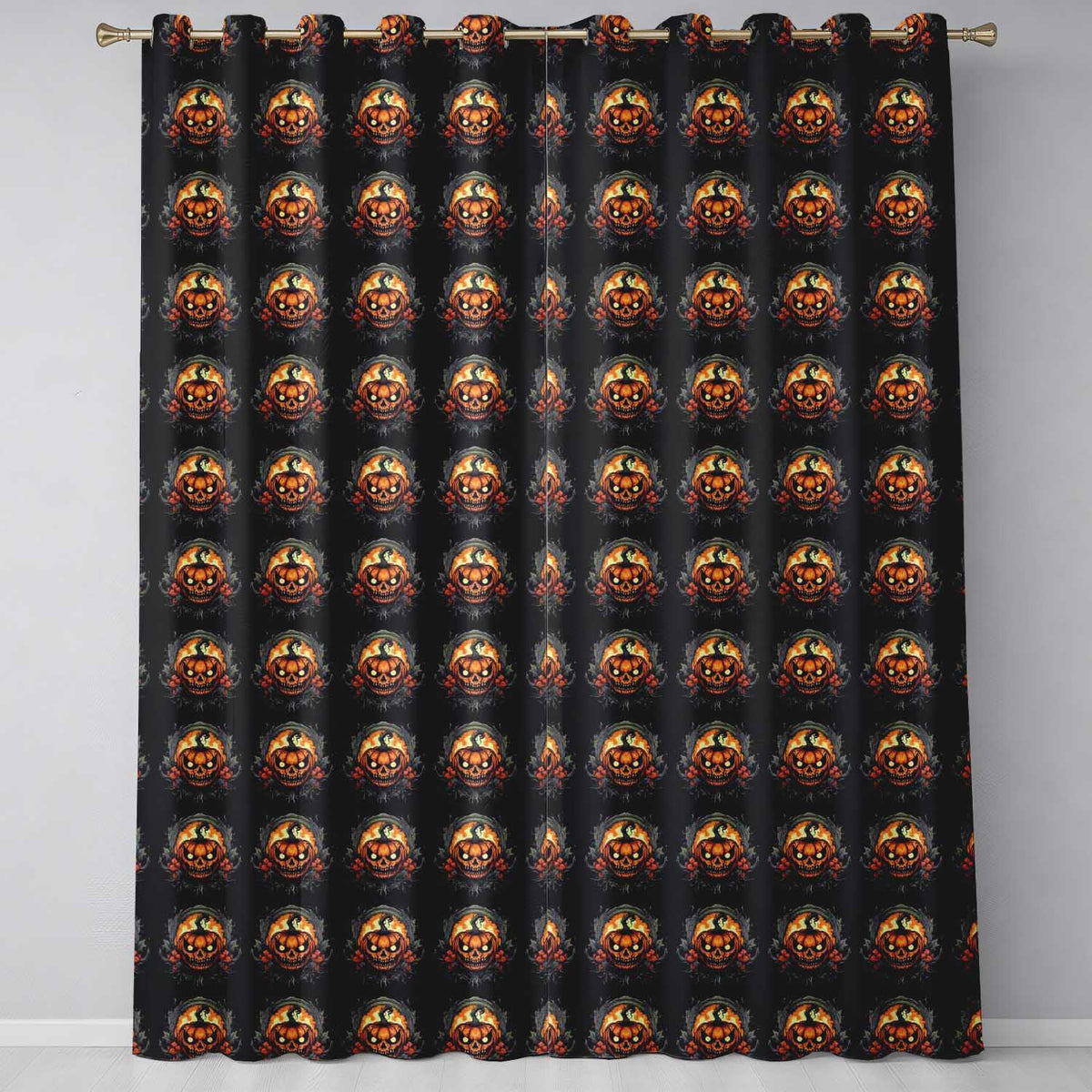Haunted Pumpkin Skull Floral Dark Background Halloween Seamless Pattern Readymade Eyelet Ring Top Thermal 100% Blackout Curtains