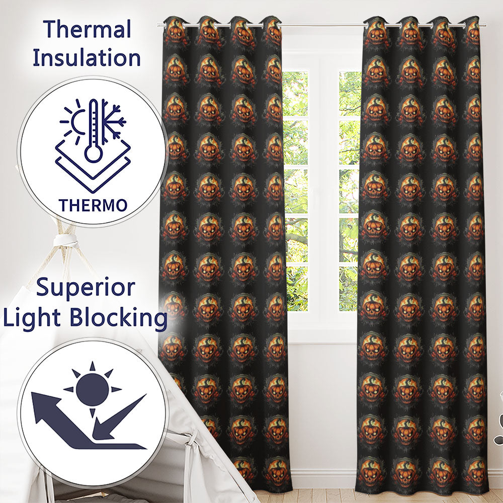 Haunted Pumpkin Skull Floral Dark Background Halloween Seamless Pattern Readymade Eyelet Ring Top Thermal 100% Blackout Curtains