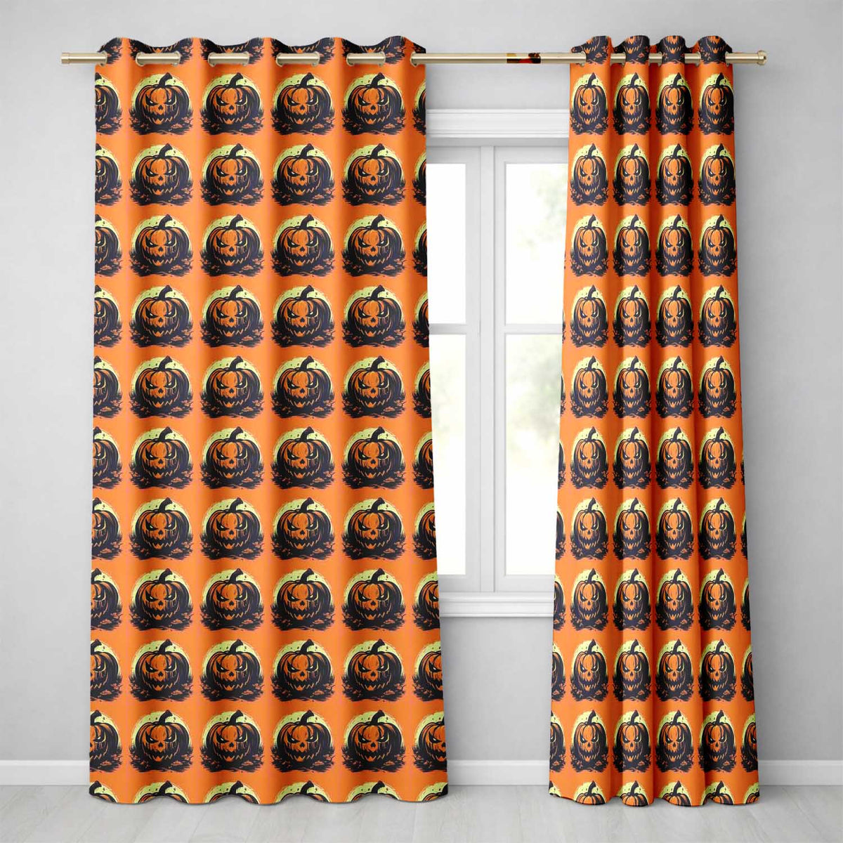 Spooky Jack O Lantern Orange Background Classic Halloween Seamless Pattern Readymade Eyelet Ring Top Thermal 100% Blackout Curtains