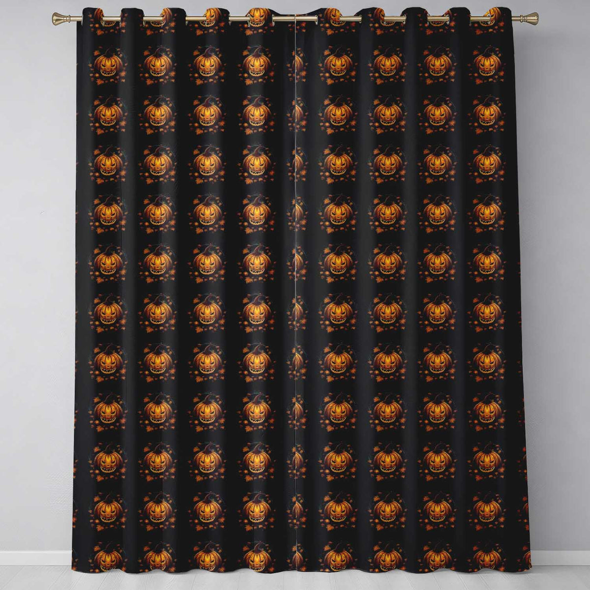Glowing Pumpkin Autumn Wreath Dark Background Halloween Seamless Pattern Readymade Eyelet Ring Top Thermal 100% Blackout Curtains