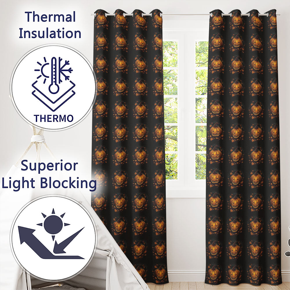 Glowing Pumpkin Autumn Wreath Dark Background Halloween Seamless Pattern Readymade Eyelet Ring Top Thermal 100% Blackout Curtains