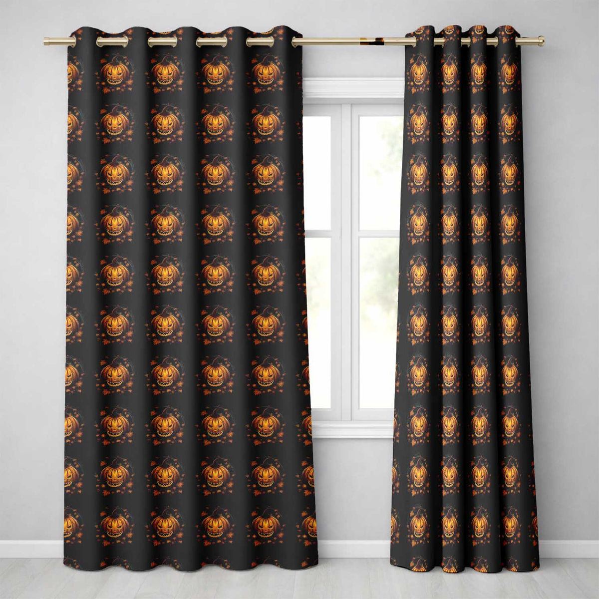 Glowing Pumpkin Autumn Wreath Dark Background Halloween Seamless Pattern Readymade Eyelet Ring Top Thermal 100% Blackout Curtains