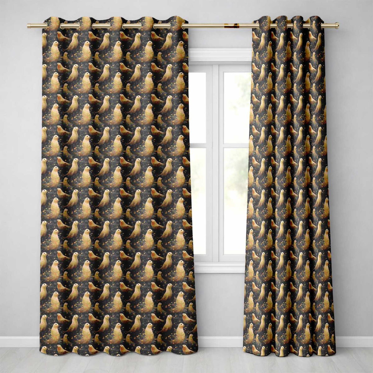 Golden Glowing Seals with Floral Night Background Seamless Pattern Readymade Eyelet Ring Top Thermal 100% Blackout Curtains
