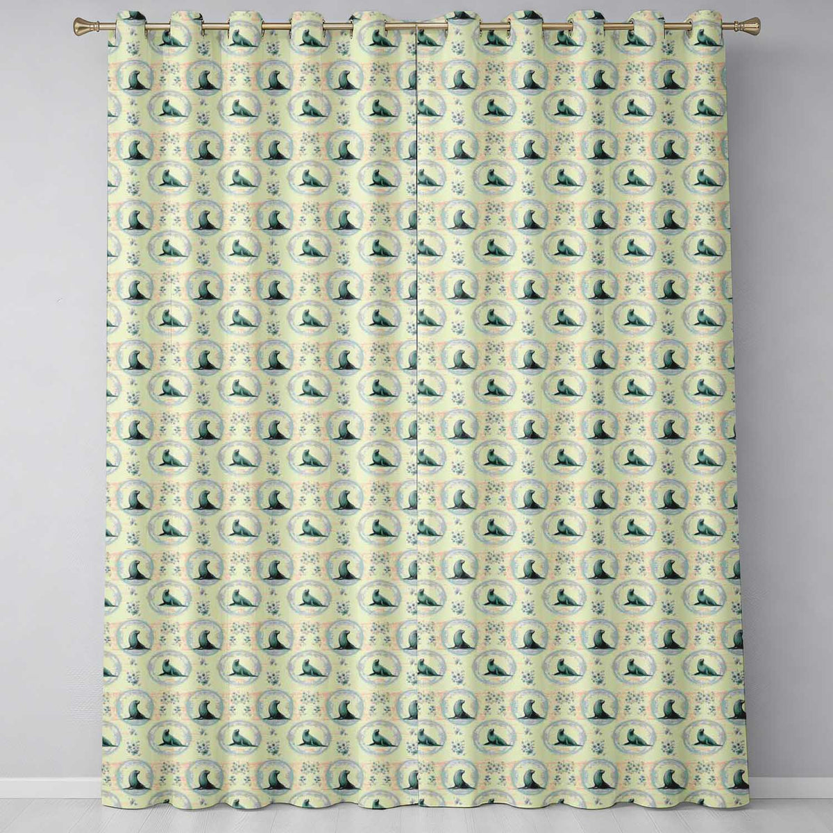 Elegant Seal Cameo Frames with Floral Vintage Beige Seamless Pattern Readymade Eyelet Ring Top Thermal 100% Blackout Curtains