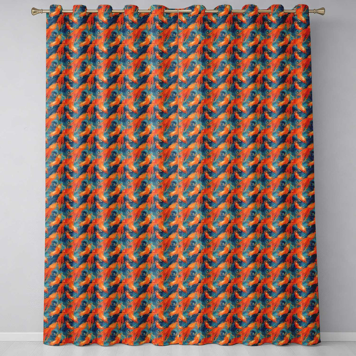 Cute Painterly Orange Shrimp with Flowing Ocean Waves Seamless Pattern Readymade Eyelet Ring Top Thermal 100% Blackout Curtains