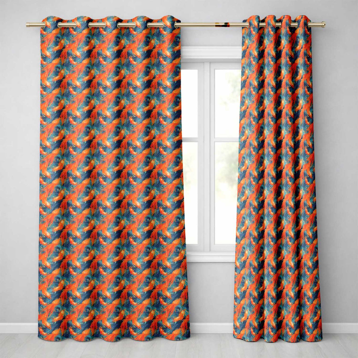 Cute Painterly Orange Shrimp with Flowing Ocean Waves Seamless Pattern Readymade Eyelet Ring Top Thermal 100% Blackout Curtains