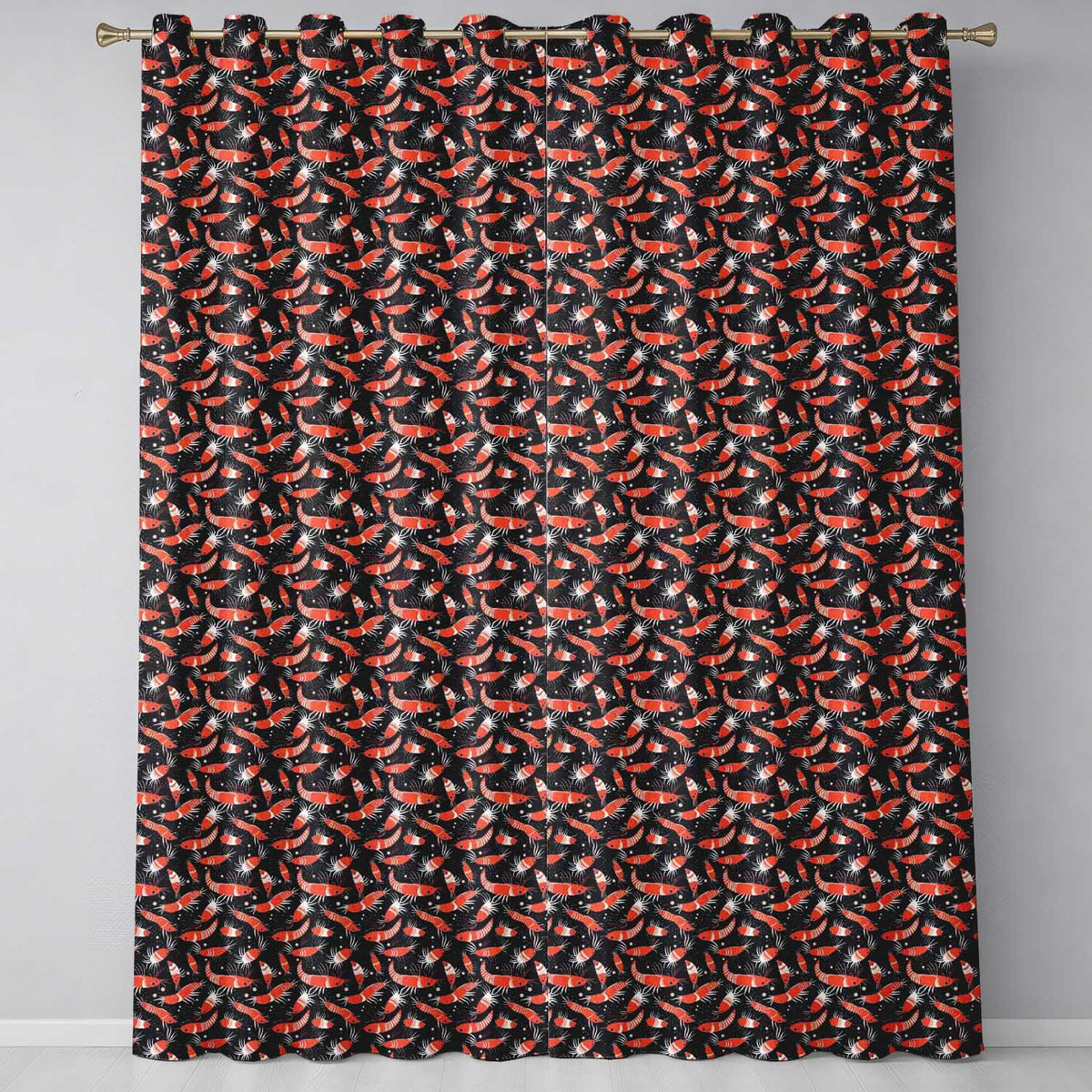 Graphic Red Shrimp on Dark Ocean Background Seamless Pattern Readymade Eyelet Ring Top Thermal 100% Blackout Curtains
