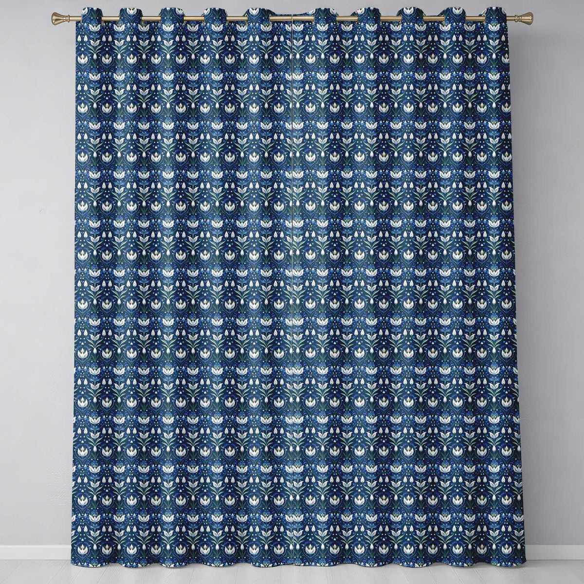 Symmetrical Blue Floral Folk Art Pattern with White Blooms Seamless Pattern Readymade Eyelet Ring Top Thermal 100% Blackout Curtains